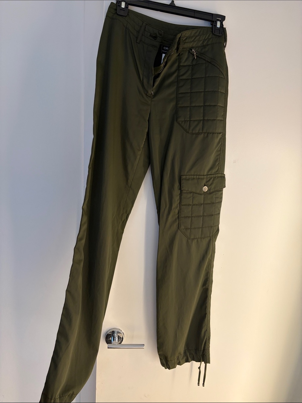 CHANEL Olive Cargo Pants with Quilted Pocket Detail